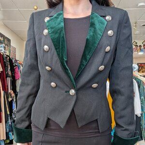 Vintage 80s Mondi Military Style Jacket XS / Small Black Green Velvet Goth Punk